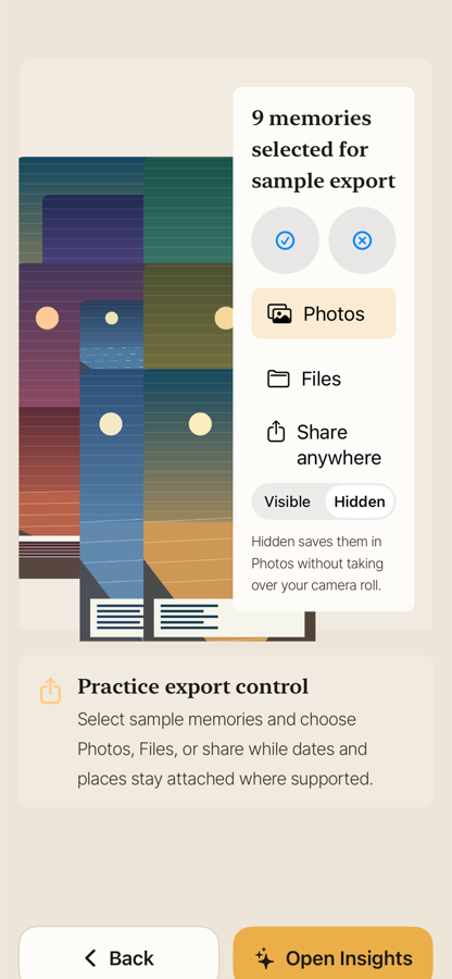 FreeMyMemories export control screen with Photos, Files, share, visible, and hidden choices