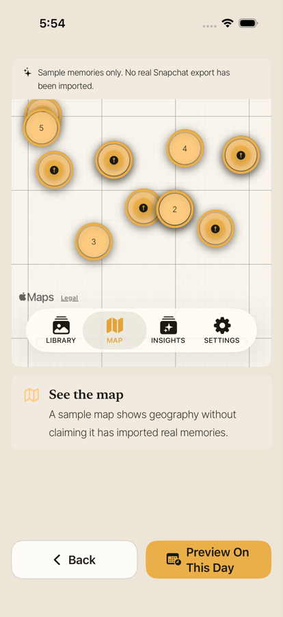 FreeMyMemories iPhone map screen showing sample memories by location