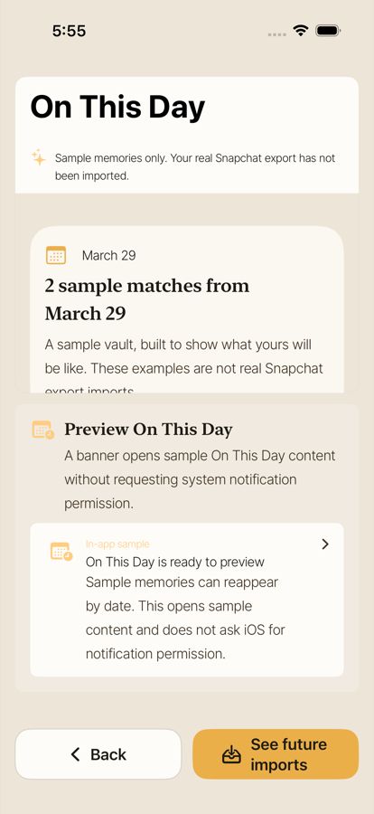 FreeMyMemories On This Day screen with sample memories from the same date