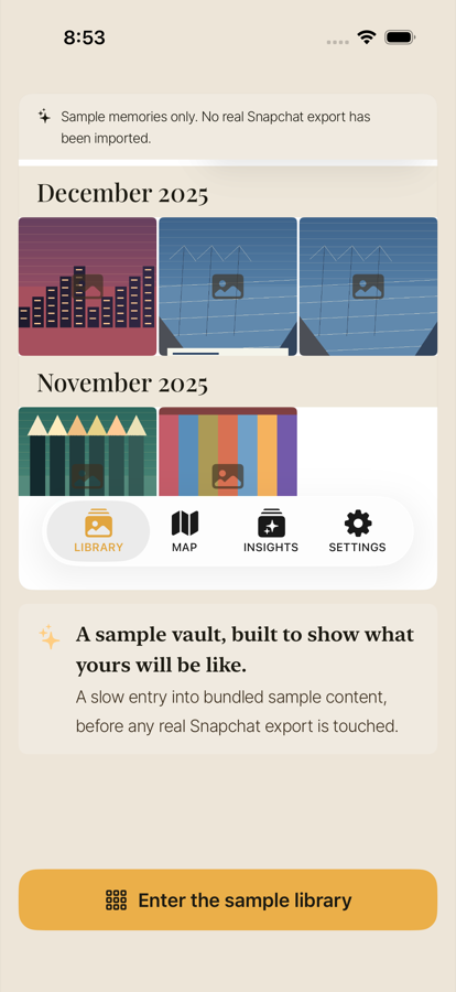 FreeMyMemories iPhone sample vault screen showing a private library organized by month